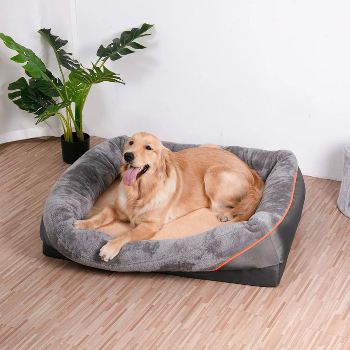 Large orthopedic dog bed with waterproof cover, anti-slip base, providing comfort for pets