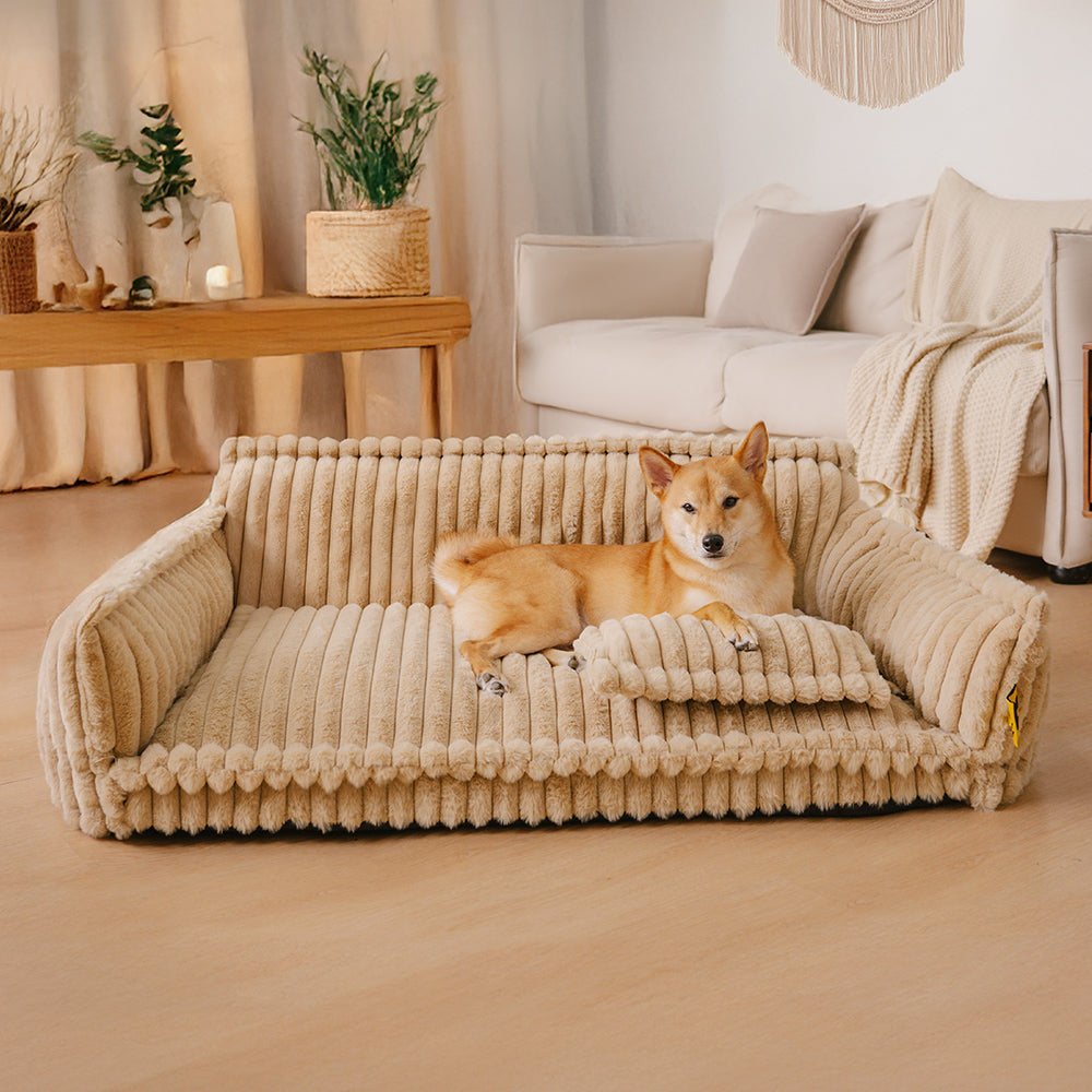 Fluffy, washable dog bed with headrest, perfect for large breed comfort