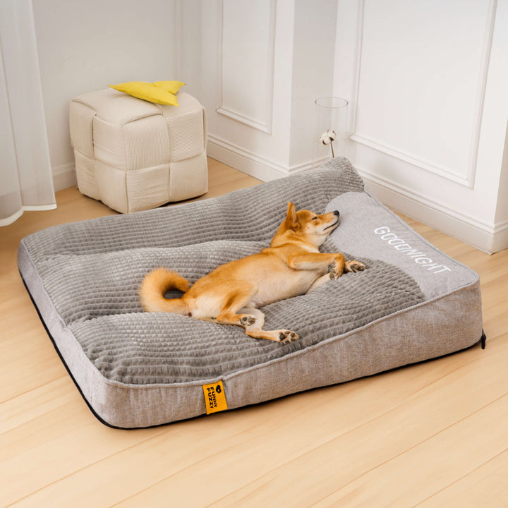 Dog bed for large breeds, showcasing its spine-supporting structure and washable cover