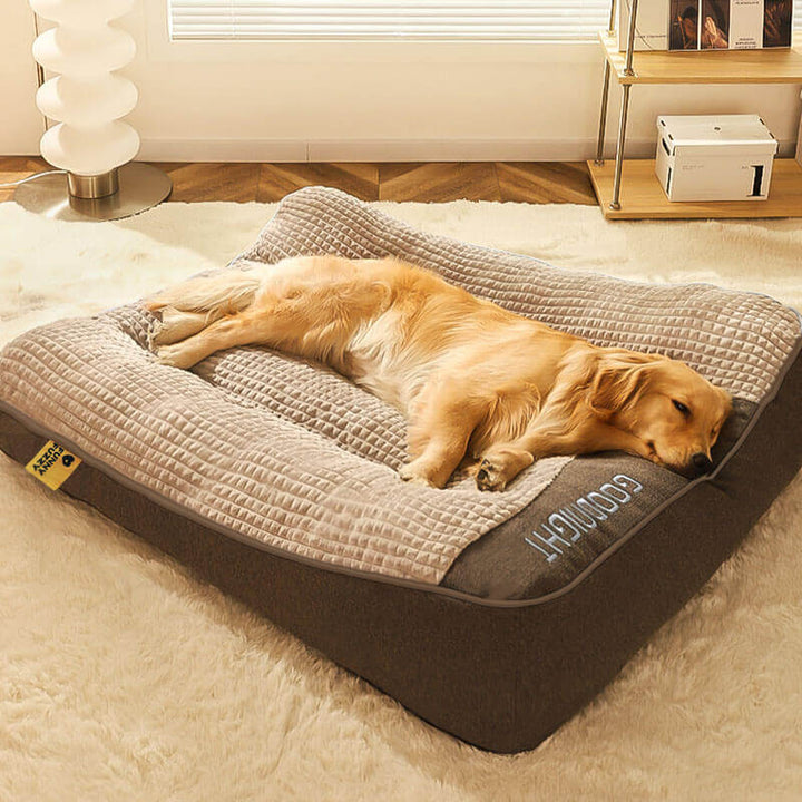 Close-up of cozy pet bed fabric, showing soft texture and spine support design