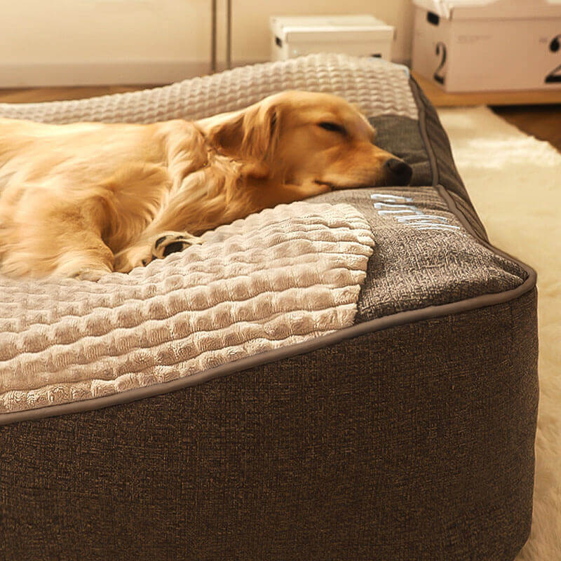 Gray dog sofa bed, showing the robust construction and spine support features for big dogs