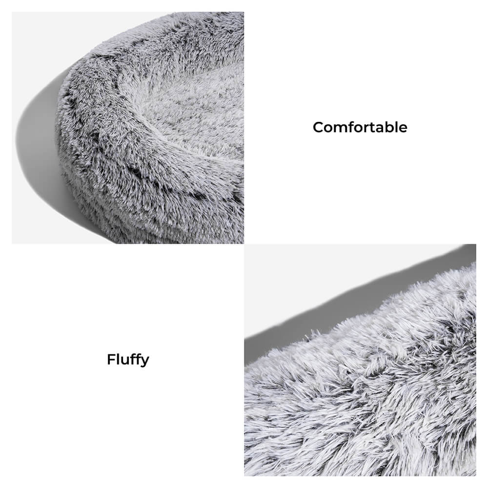 Luxury pet bed, oversized for human and dog, deep sleep comfort, grey faux fur