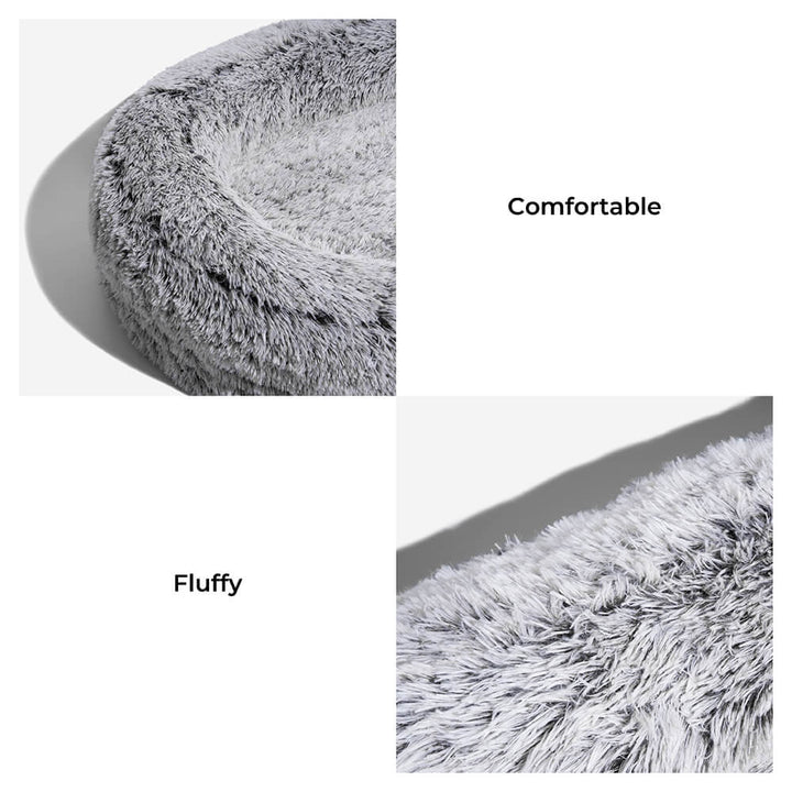Luxury pet bed, oversized for human and dog, deep sleep comfort, grey faux fur