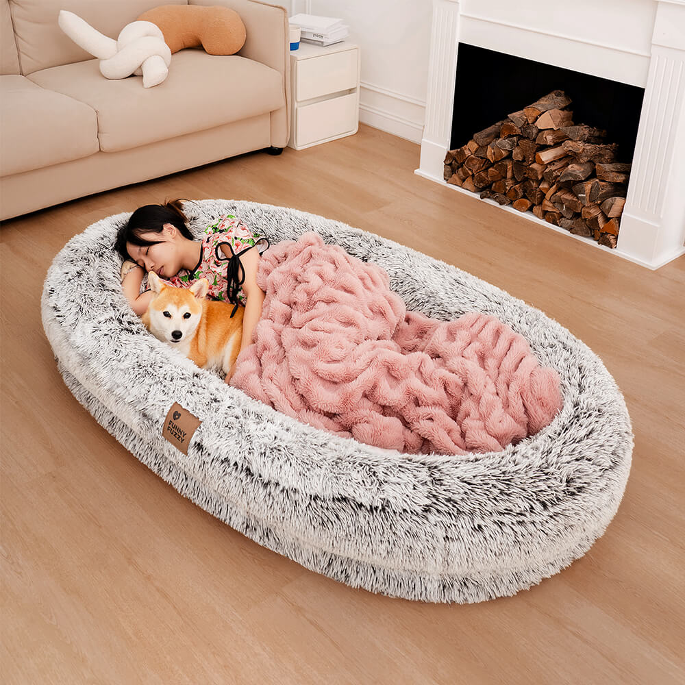 Extra large shared dog bed, deep sleep support, soft faux fur material