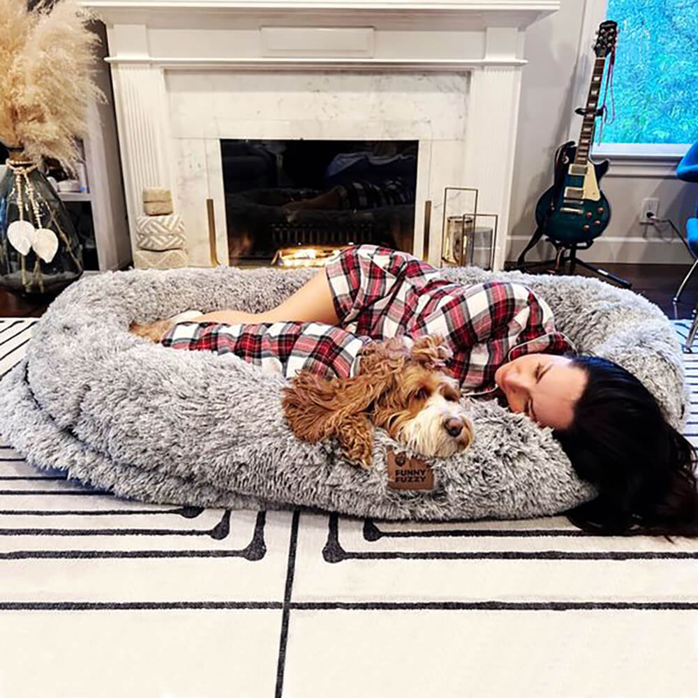 Cozy human dog bed, oval shape, deep sleep comfort, durable washable design
