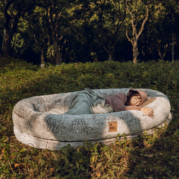 Premium human dog bed, deep sleep technology, soft faux fur, washable convenience
