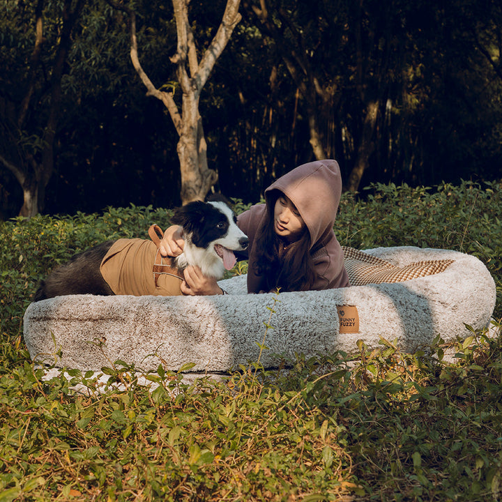 Shared luxury deep sleep bed, large oval, comfortable faux fur for pets and people
