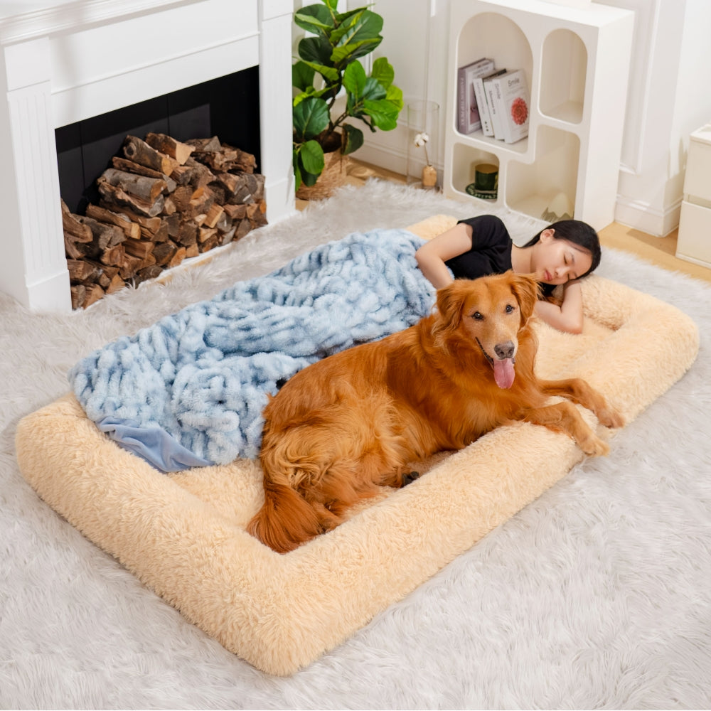 Giant pet bed, faux fur, deep sleep design for human and pet bond