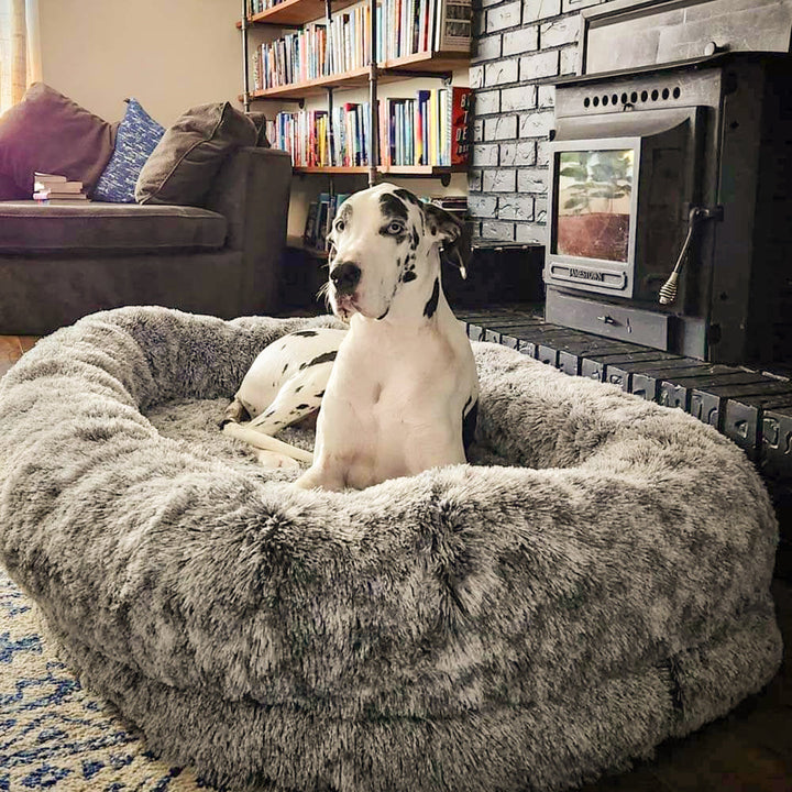 Giant human dog bed, plush faux fur, ultimate deep sleep and relaxation for pet owners