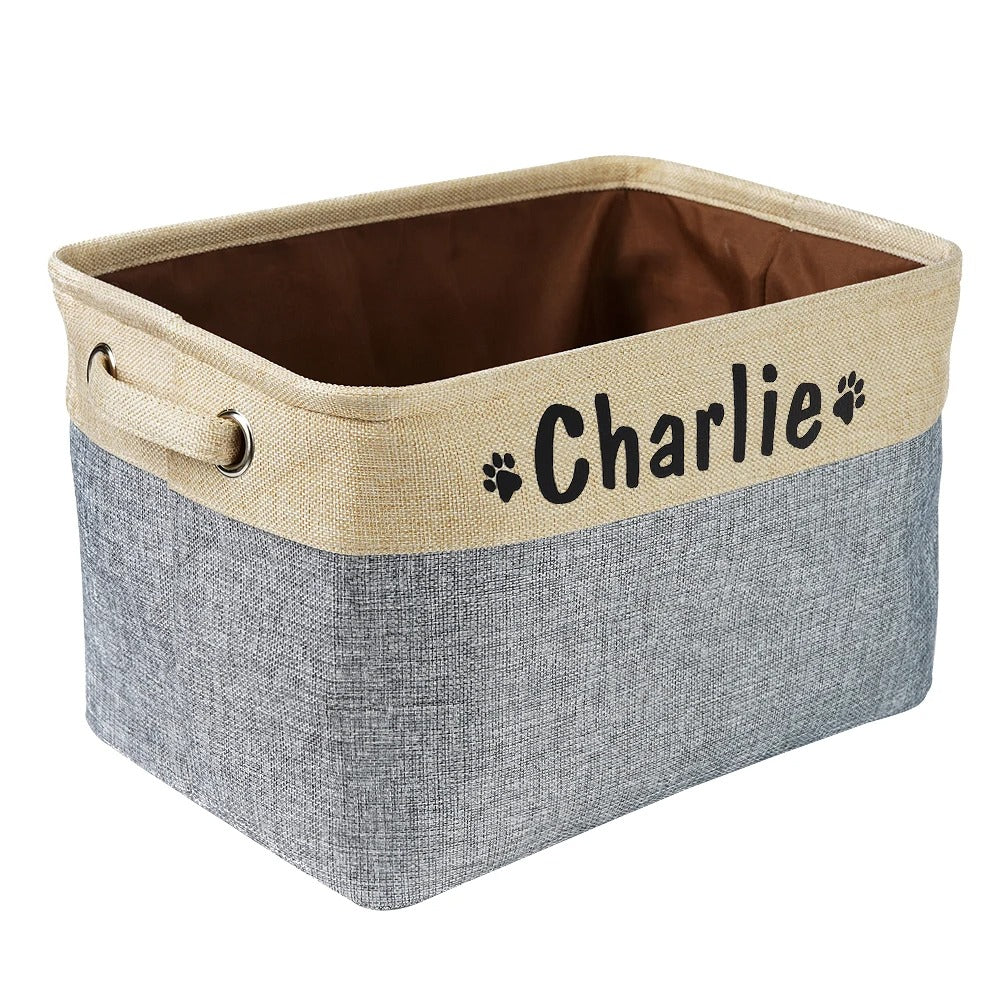 Side view of large pet toy basket, showcasing its structured yet soft fabric design for home use