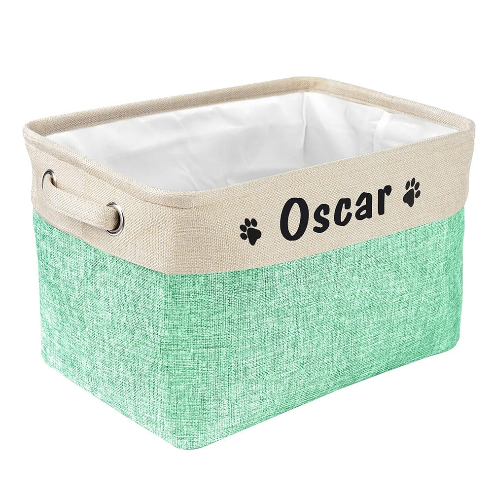 Angled shot of large pet toy storage organizer, an essential durable fabric bin for dog supplies