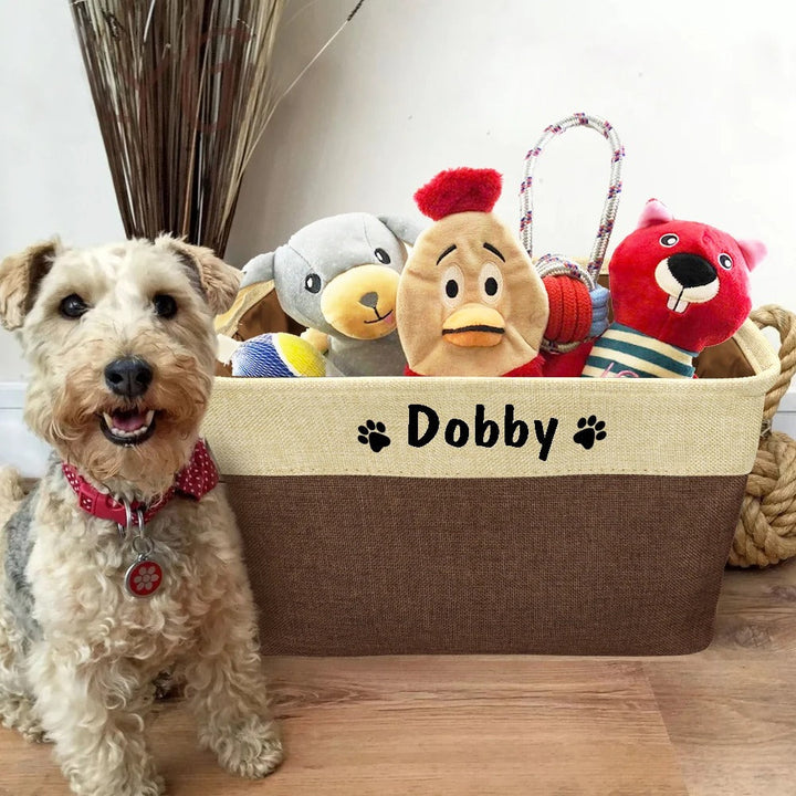 Front view of large pet toy storage bin, natural fabric texture, ideal for neat pet toy storage