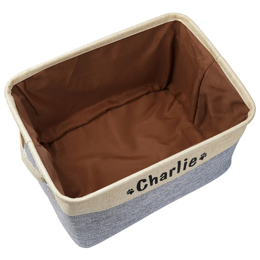 Close-up of the durable fabric on a large pet toy storage basket, highlighting quality material