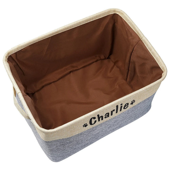 Close-up of the durable fabric on a large pet toy storage basket, highlighting quality material