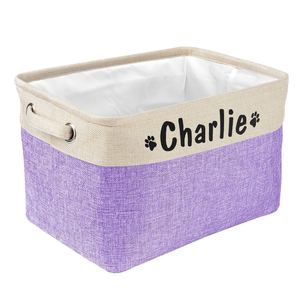 Decorative large pet toy storage bin, fabric accents for stylish pet accessory organization