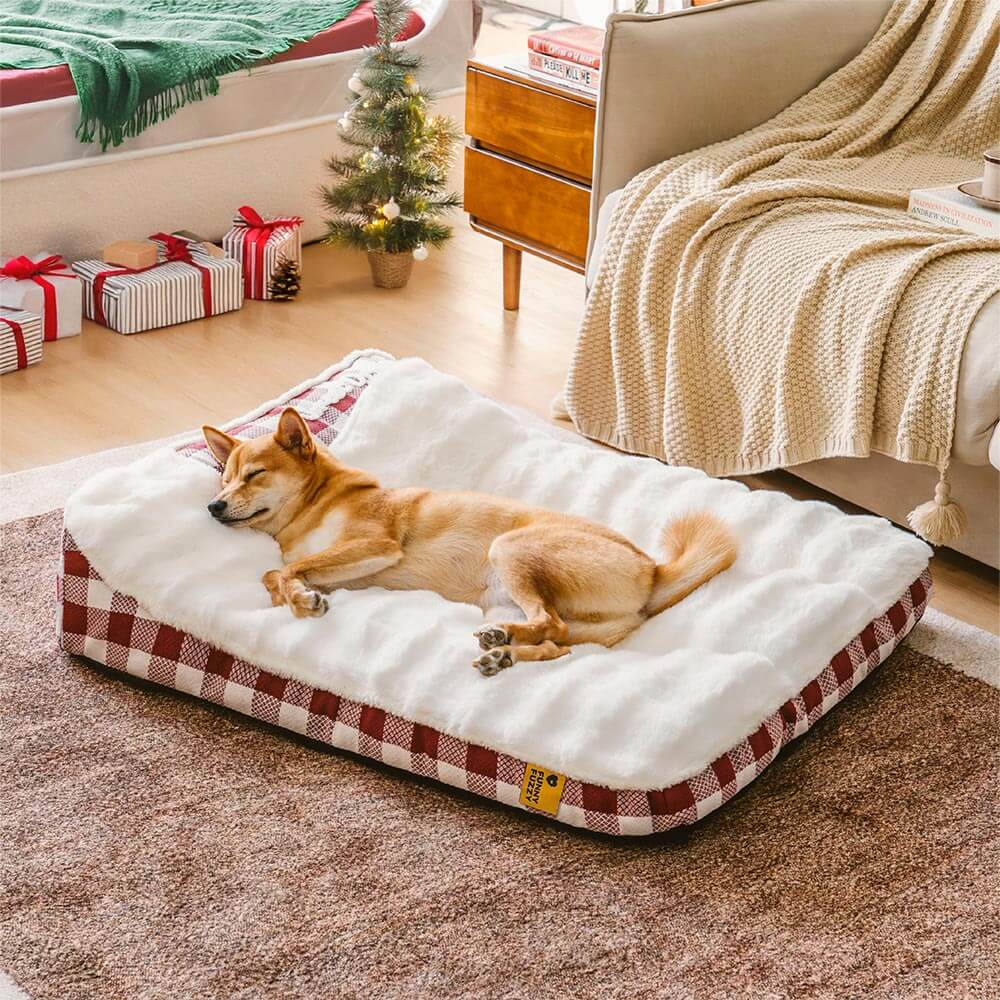 Large plaid dog bed with headrest, orthopedic support for senior dogs, machine washable pet bed