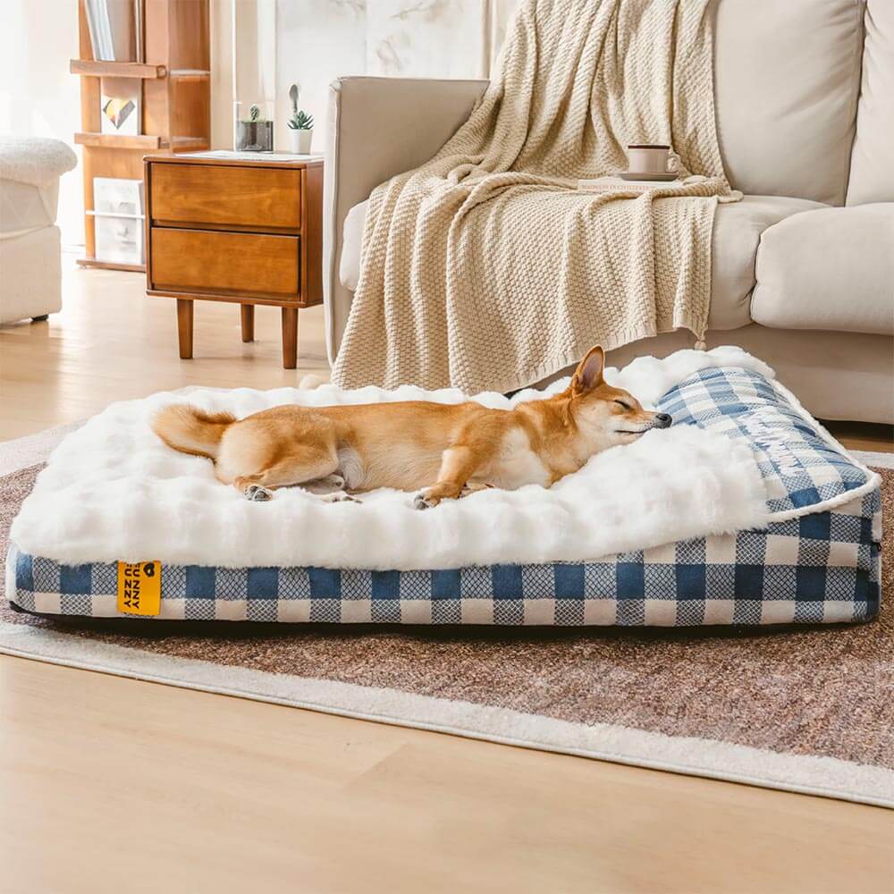 Orthopedic plaid dog bed with headrest, designed for large breeds and senior dogs' well-being