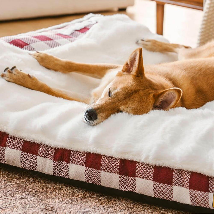 Soft plaid headrest dog bed, providing a secure and calming space for your beloved pet
