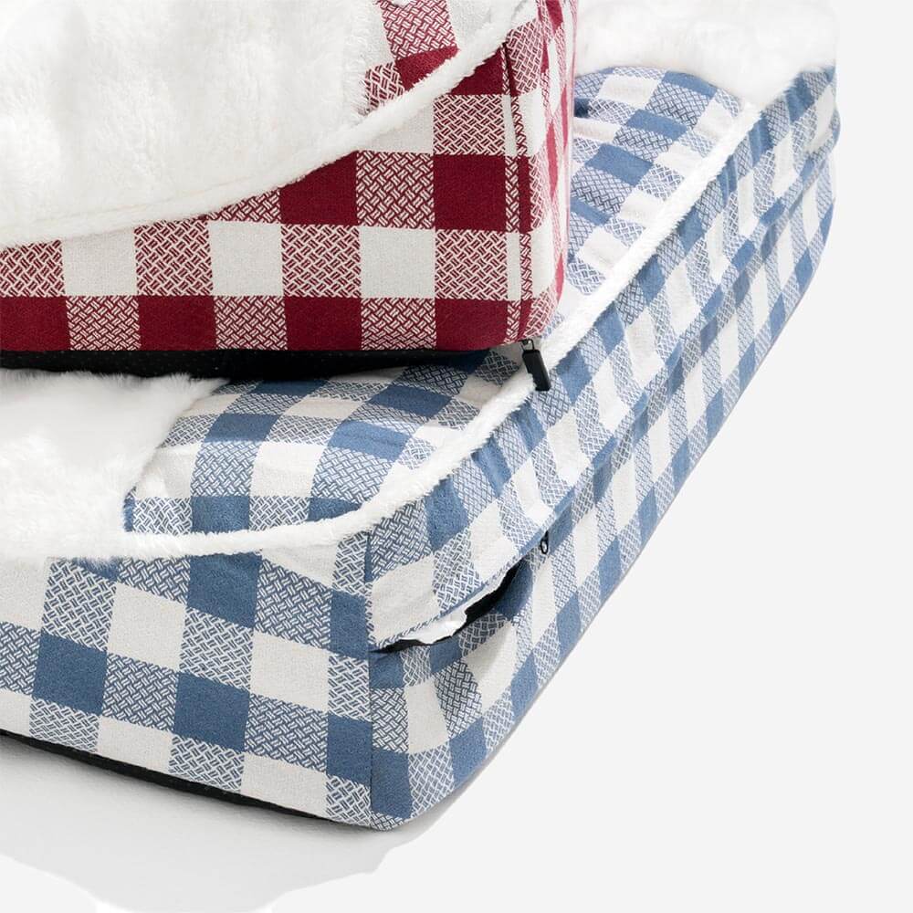 Premium plaid dog bed with a resilient headrest, ensuring lasting comfort for your dog