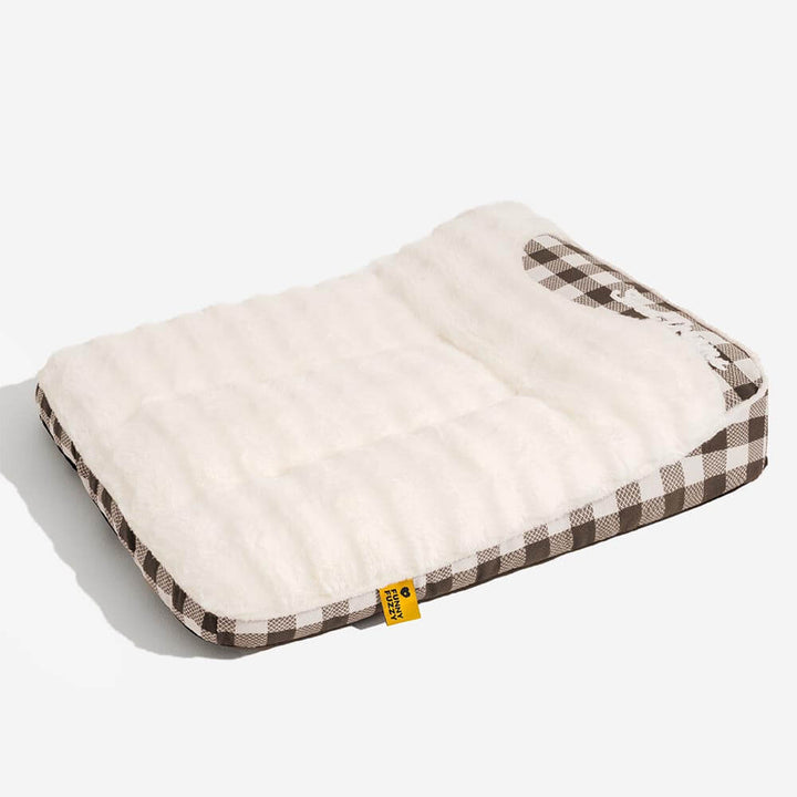 Dog calming headrest bed in a timeless plaid design, an essential for pet comfort and home decor