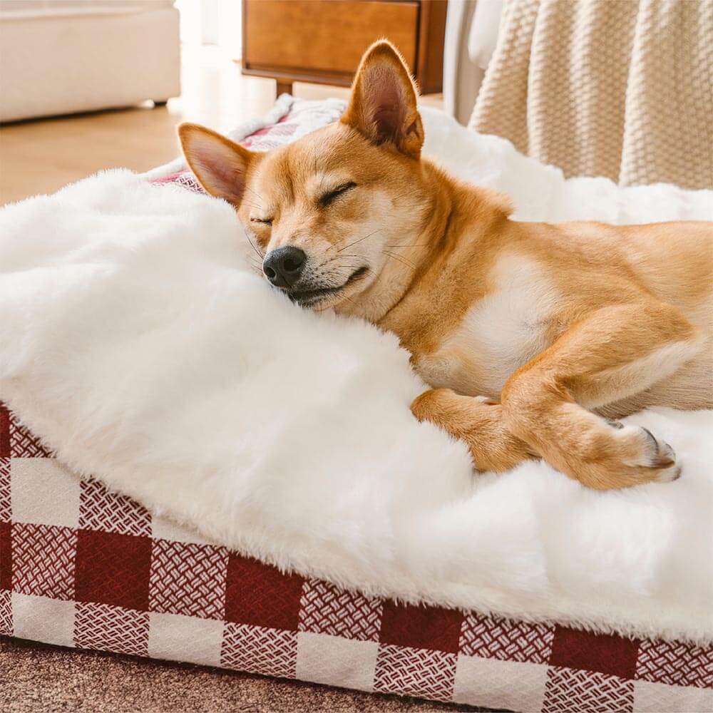 Plaid dog calming bed, soft headrest for anxiety relief, comfortable pet supplies for large dogs