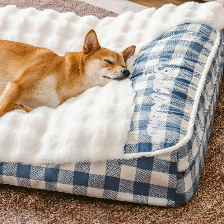 Dog headrest bed in classic plaid print, orthopedic support, ideal calming bed for pets