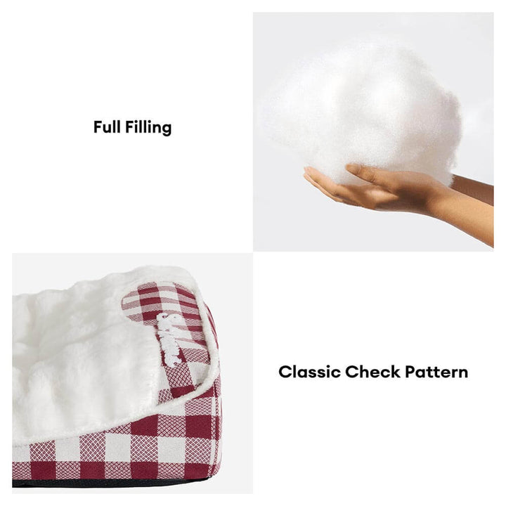 Luxury plaid dog bed, includes a soft headrest for neck support, essential calming pet supplies
