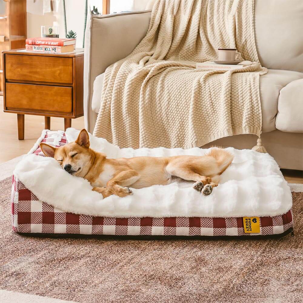 Machine washable plaid dog bed with supportive headrest, easy-care pet comfort solution