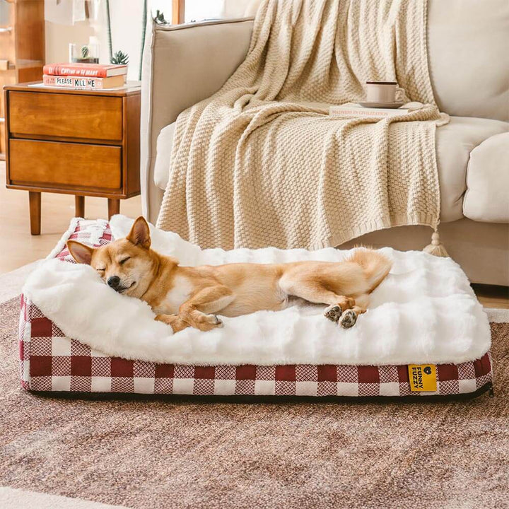 Machine washable plaid dog bed with supportive headrest, easy-care pet comfort solution