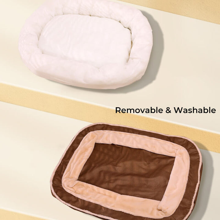 Large dog bed in a living room, showing its plush, deep sleeping design