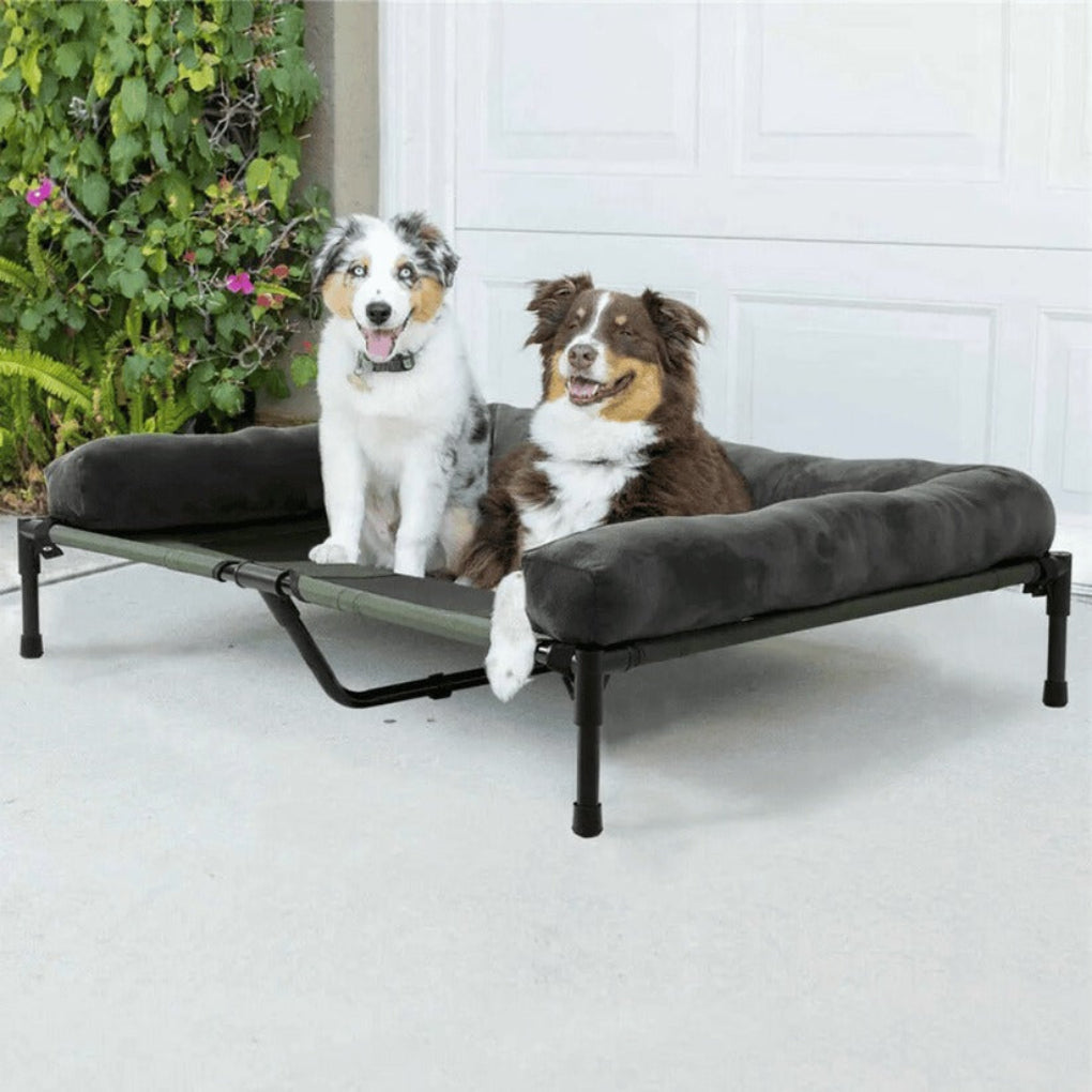 Orthopedic elevated dog bed with washable cover, perfect for large dogs, features a supportive bolster and cooling design.