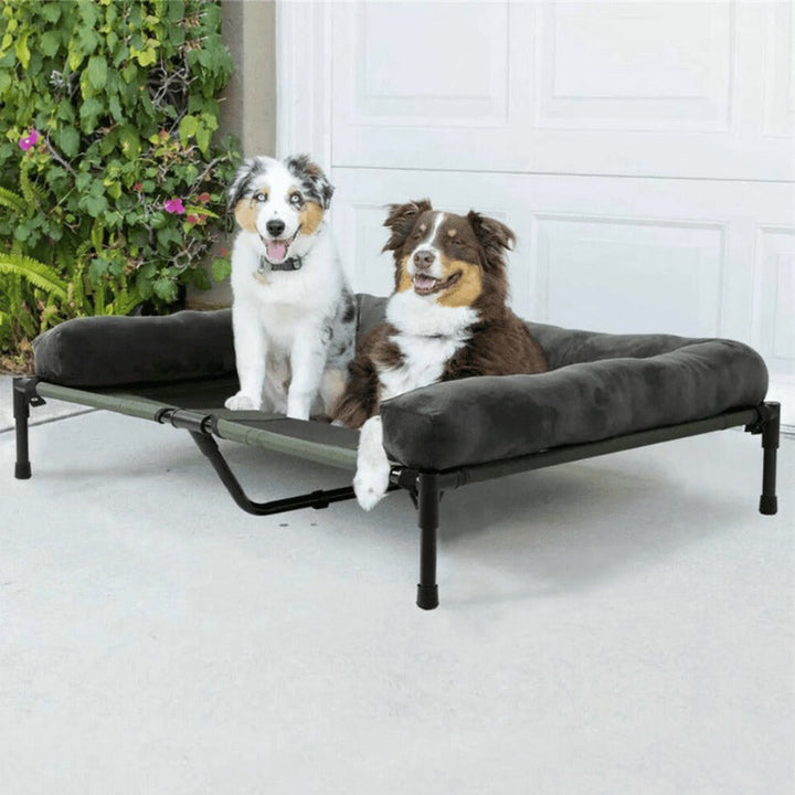 Orthopedic elevated dog bed with washable cover, perfect for large dogs, features a supportive bolster and cooling design.