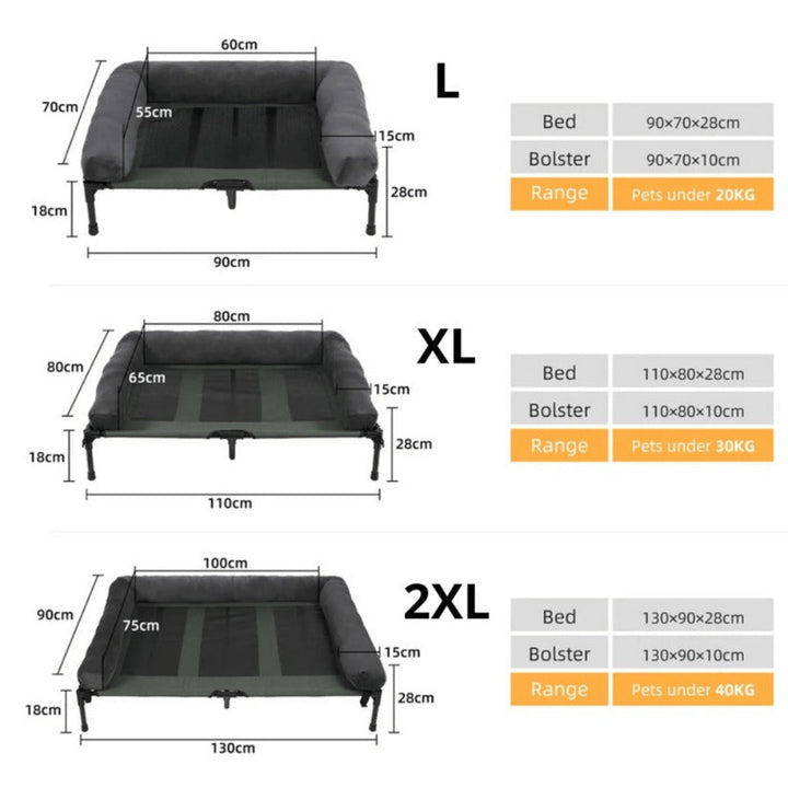 Elevated cooling dog bed with a washable cover and supportive bolster, great for large dogs, indoor and outdoor use.