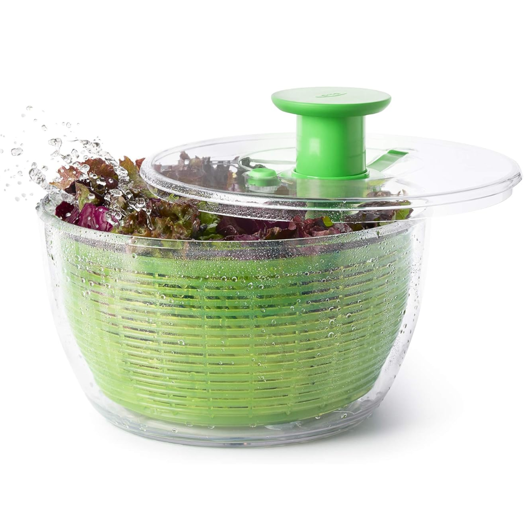 Extra large salad spinner for family-sized portions of fresh, crisp lettuce, vegetables, and leafy greens.