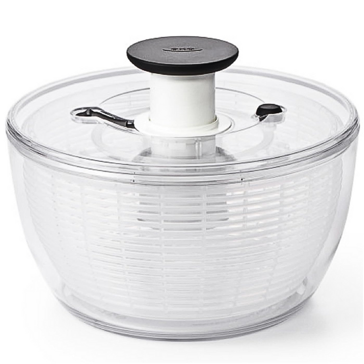 Extra large capacity salad spinner, perfect for drying big batches of fresh greens & vegetables for family meals.
