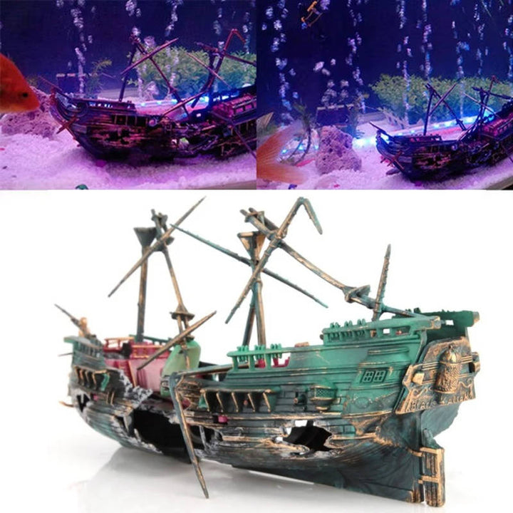 Large sunken shipwreck aquarium decoration, realistic resin fish tank ornament with detailed mast