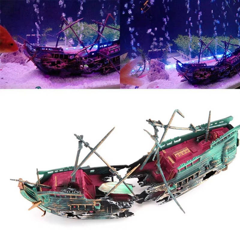 Detailed large sunken shipwreck bubbler aquarium decor provides fish hideaway and underwater landscape