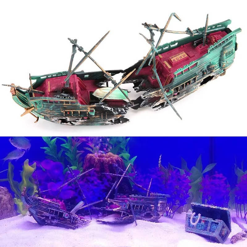 Resin large sunken ship aquarium decoration, perfect aquatic accent for a big fish tank environment