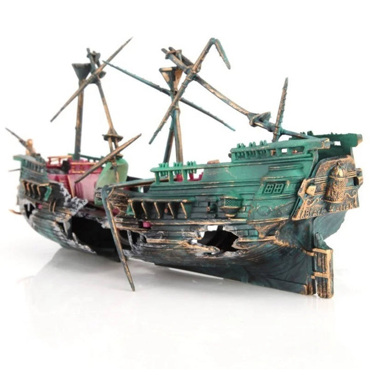 Panoramic view of a large sunken shipwreck aquarium ornament, ideal pet accessory for fish tanks