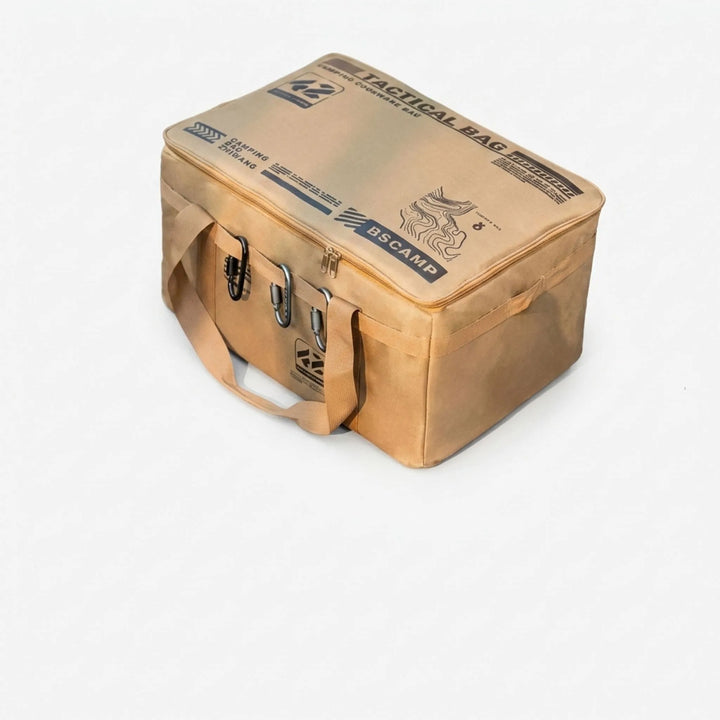 Foldable outdoor gear organizer, ideal for travel and camping equipment storage. Durable tactical polyester bag.