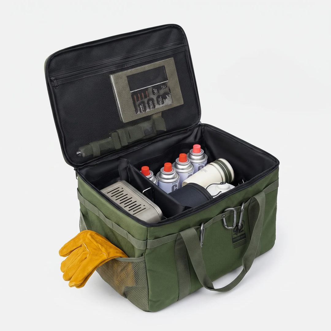 Durable polyester large camping storage bag for outdoor equipment. Tactical gear organizer for robust adventure travel.