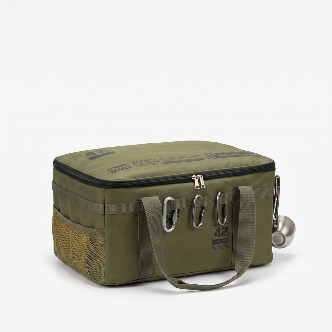 Packed large camping gear storage bag, keeping outdoor equipment tidy for adventure travel. Foldable polyester organizer.