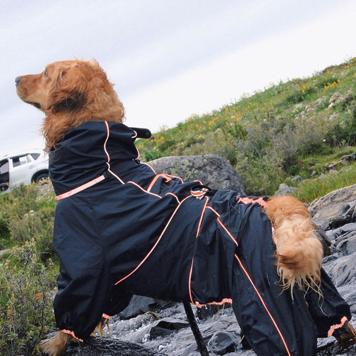 Black large dog raincoat, waterproof and adjustable, designed for outdoor gear and pet apparel.