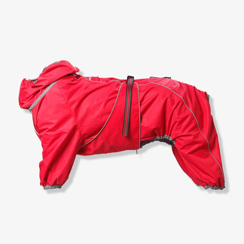 Blue waterproof dog coat, adjustable and reflective, perfect pet apparel for large dogs in rain.