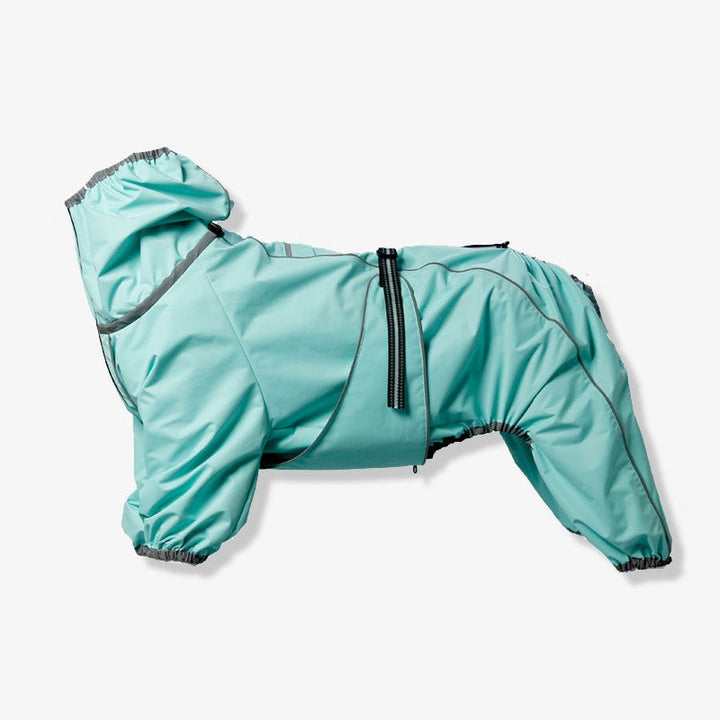 Model shot of a golden retriever wearing a large, waterproof dog raincoat during a rainy walk.