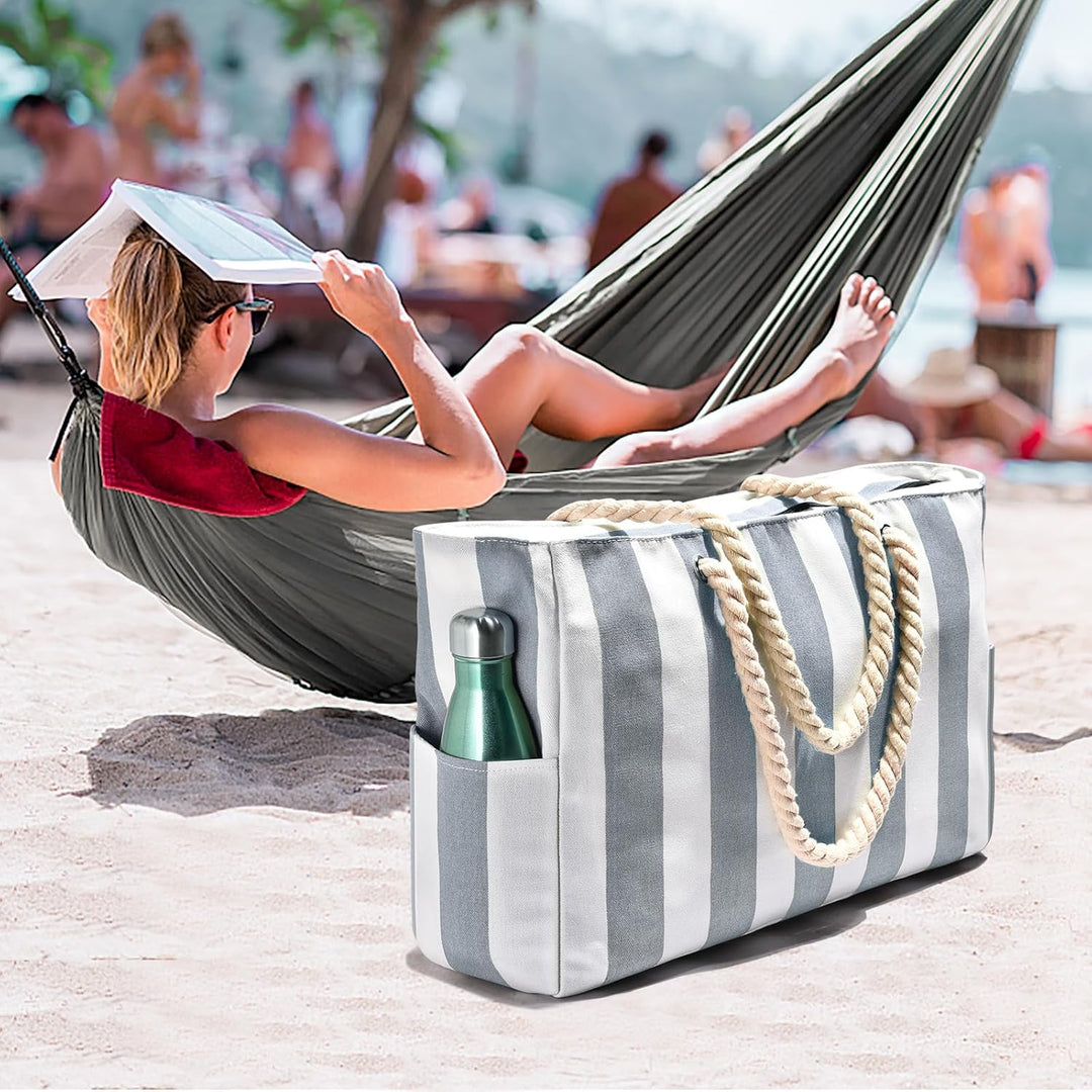 Large waterproof beach bag in blue, sandproof, perfect for active lifestyles.