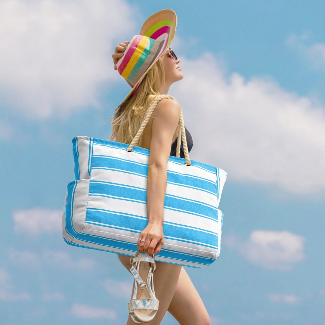 Durable sandproof tote bag, waterproof, ideal for beach, pool, or picnic.