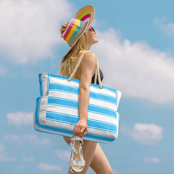 Durable sandproof tote bag, waterproof, ideal for beach, pool, or picnic.