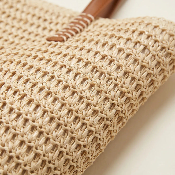 Women's spacious woven market tote bag with zipper, versatile for beach, daily errands, or travel adventures.