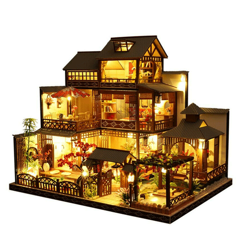 Large wooden dollhouse kit with LED lights for creative adults & kids.
